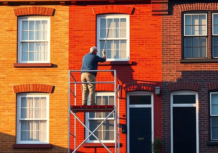 Peintre sur échafaudage traitant la façade d'une maison
