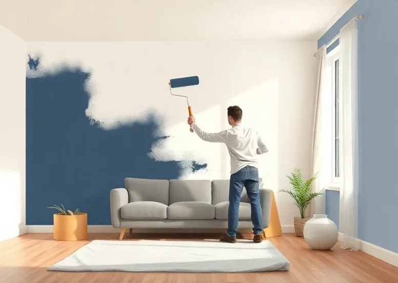 Peintre appliquant la peinture au rouleau sur un mur de salon